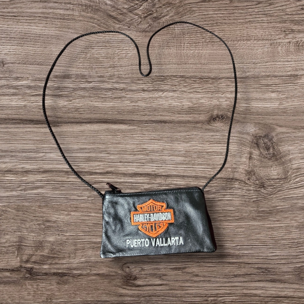 VTG Harley-Davidson Puerto Vallarta Black Leather Mini Crossbody Wristlet Bag